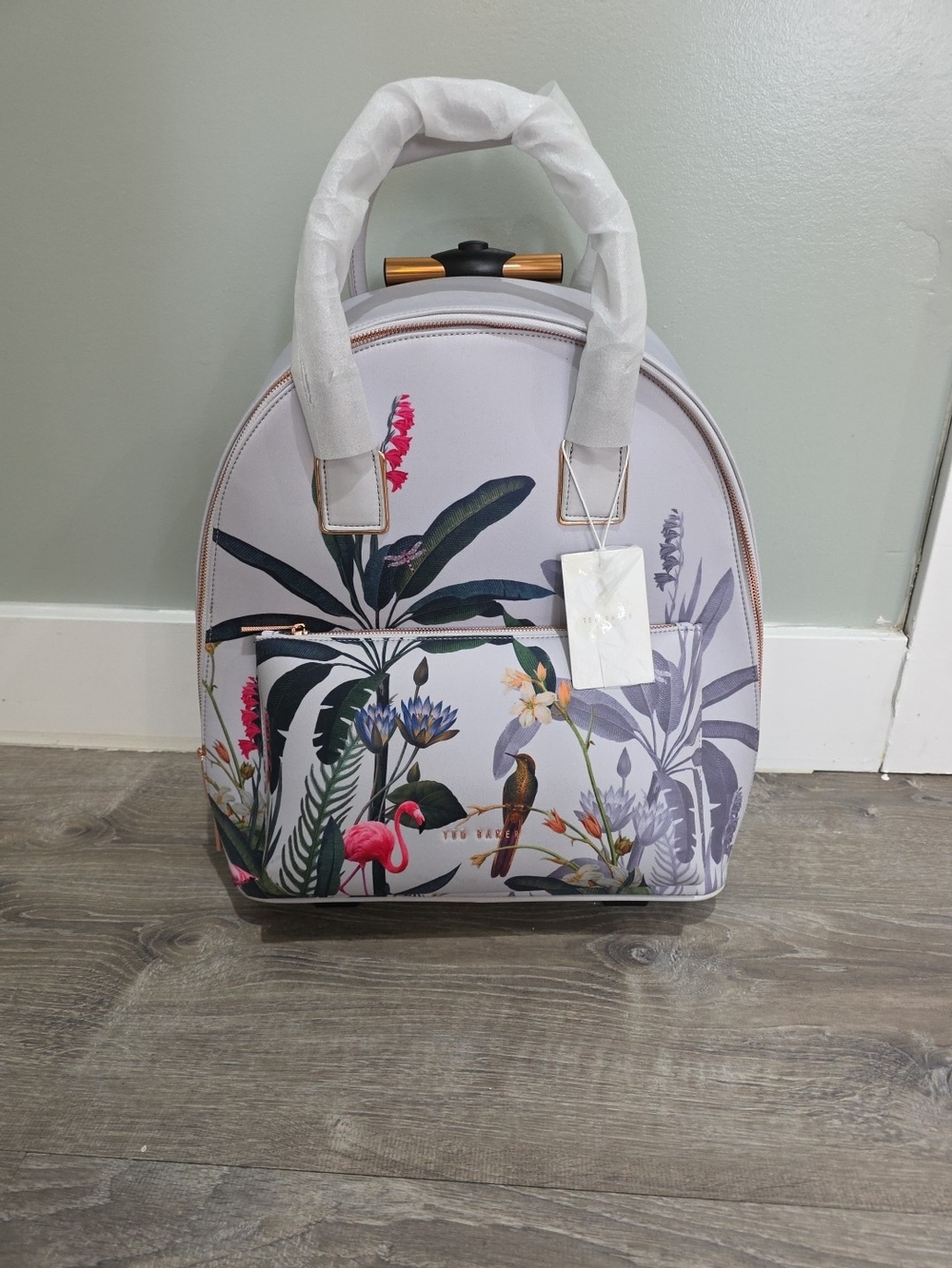 Ted Baker Rolling Carryon luggage - nylon pistachio flamingo, New.